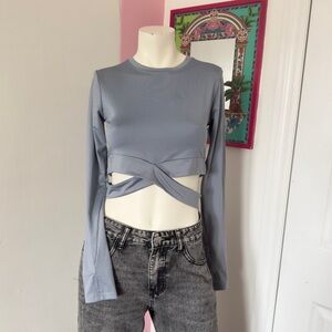 Blue Cropped Cross-Detail Long Sleeve Top